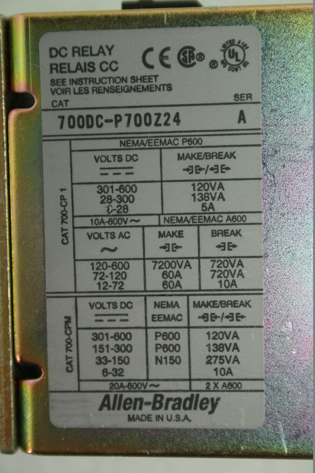 Allen-Bradley Nema Industrial 700DC-P700Z24 DC Relay 24V Coil - Used - Image 4