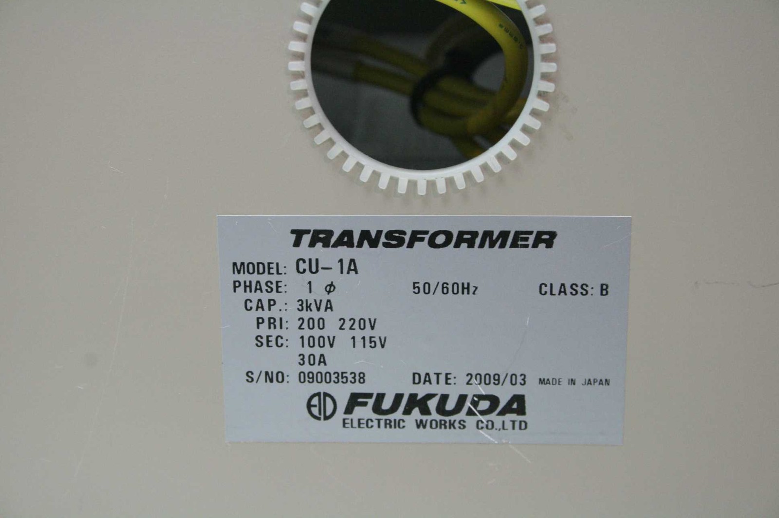Fukuda CU-1A Transformer 3 kVA 1Ph 200-220V Primary 100-115V Secondary 30A - Used - Image 6