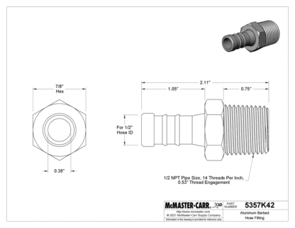New McMaster 5357K42 Aluminum Hose Barb Fitting 1/2" NPT x 1/2" Hose Barb - New - Image 12