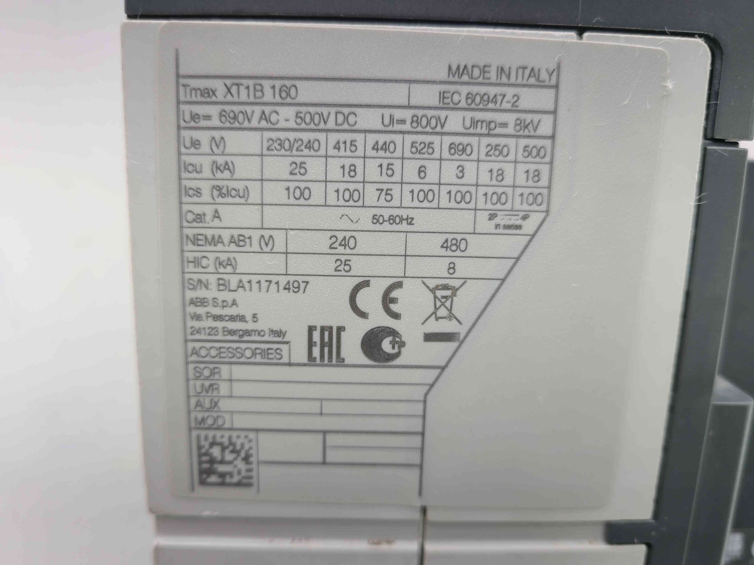 ABB SACE Tmax XT1B 160 690VAC-500VDC Four-Pole Circuit Breaker - Used - Image 14
