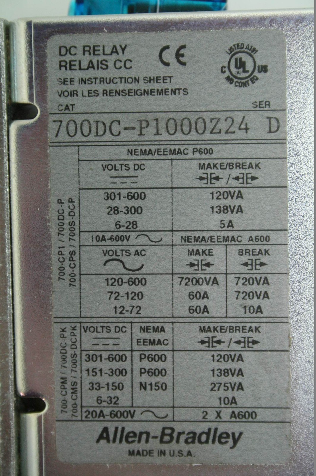 Allen-Bradley 700DC-P1000Z24 Industrial 8 Pole DC Relay 24V Coils - Used - Image 3