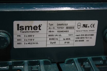 Ismet 737531 Transformer DAWN 8,0 Primaries 400V to 115V / 8 kVA / 40.2 Amps - Used - Image 5