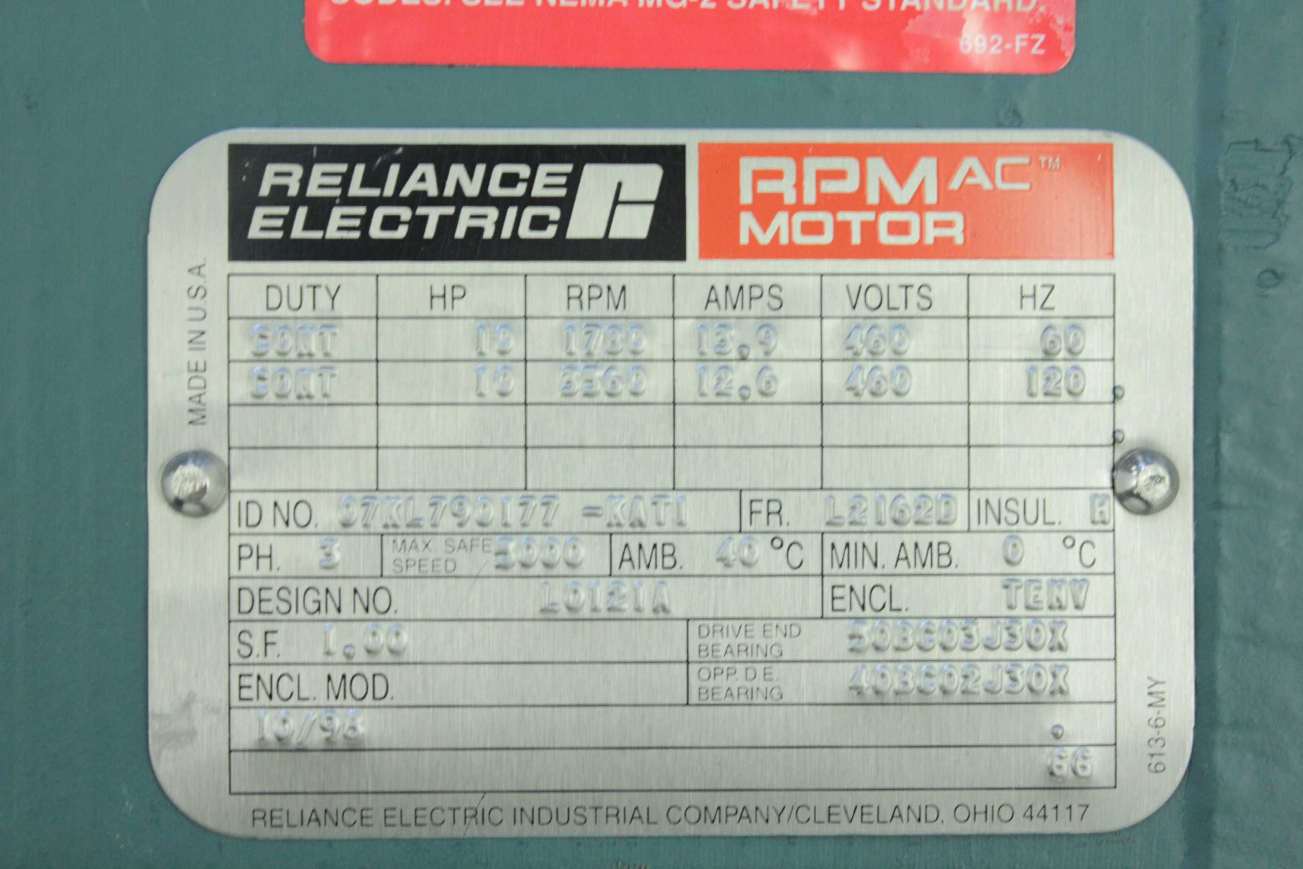 Reliance 10 HP 07KL790177-KAT1 Square Frame L21620 AC Motor Servo Tachometer - Used - Image 17