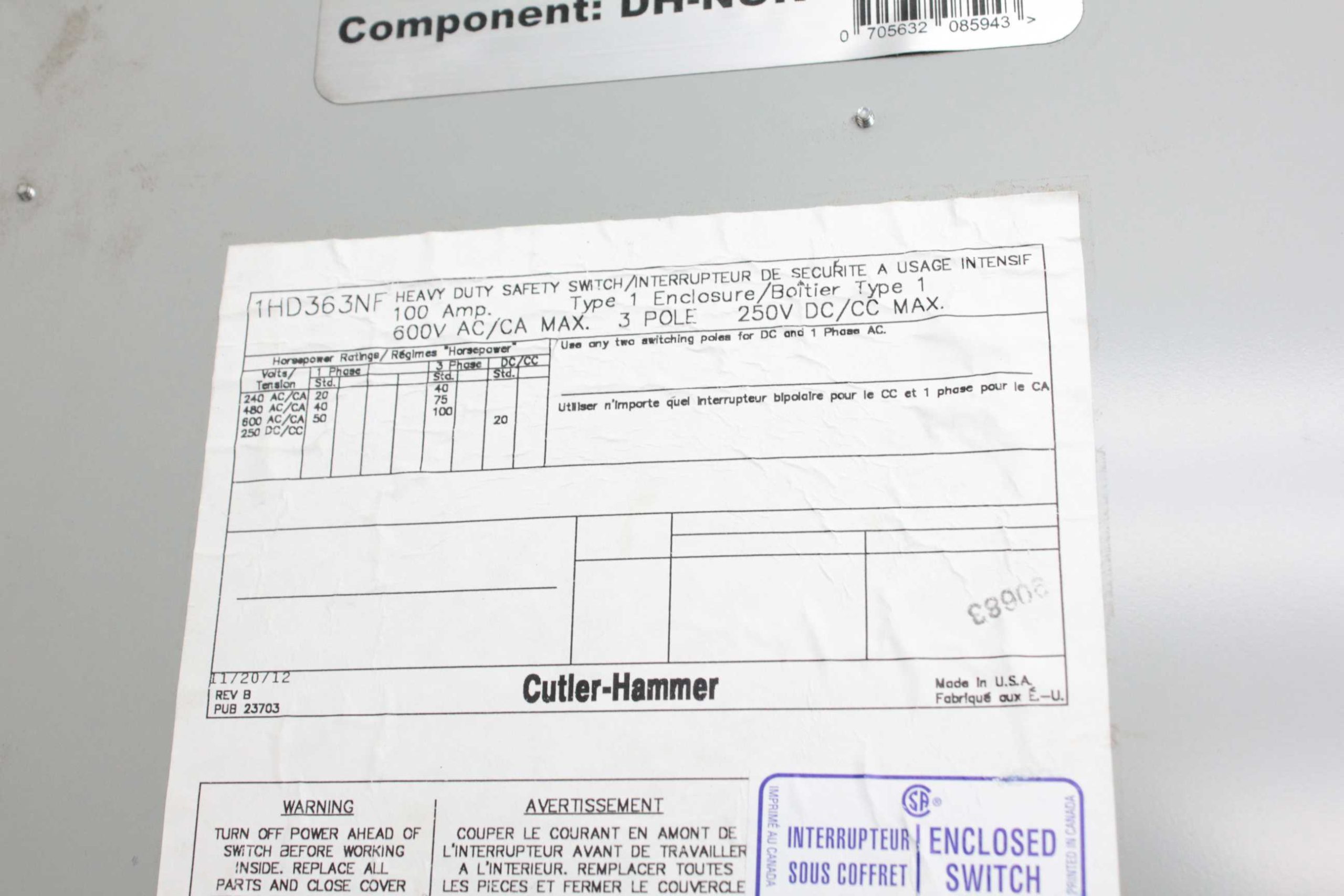 Eaton DH-NUR Heavy Duty Safety Switch / Cutler Hammer 1HD363NF - Used - Image 19