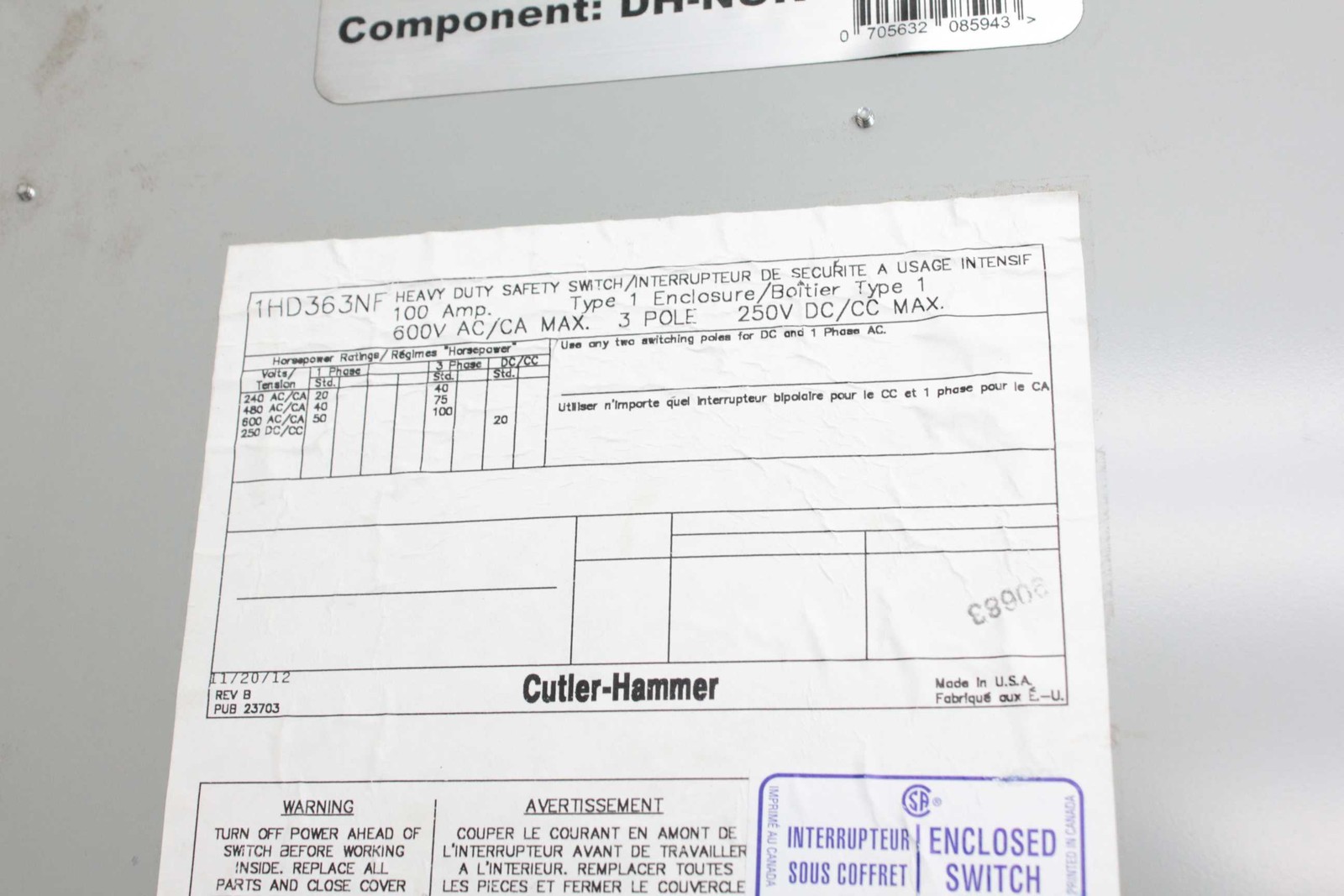 Eaton DH-NUR Heavy Duty Safety Switch / Cutler Hammer 1HD363NF - Used - Image 6