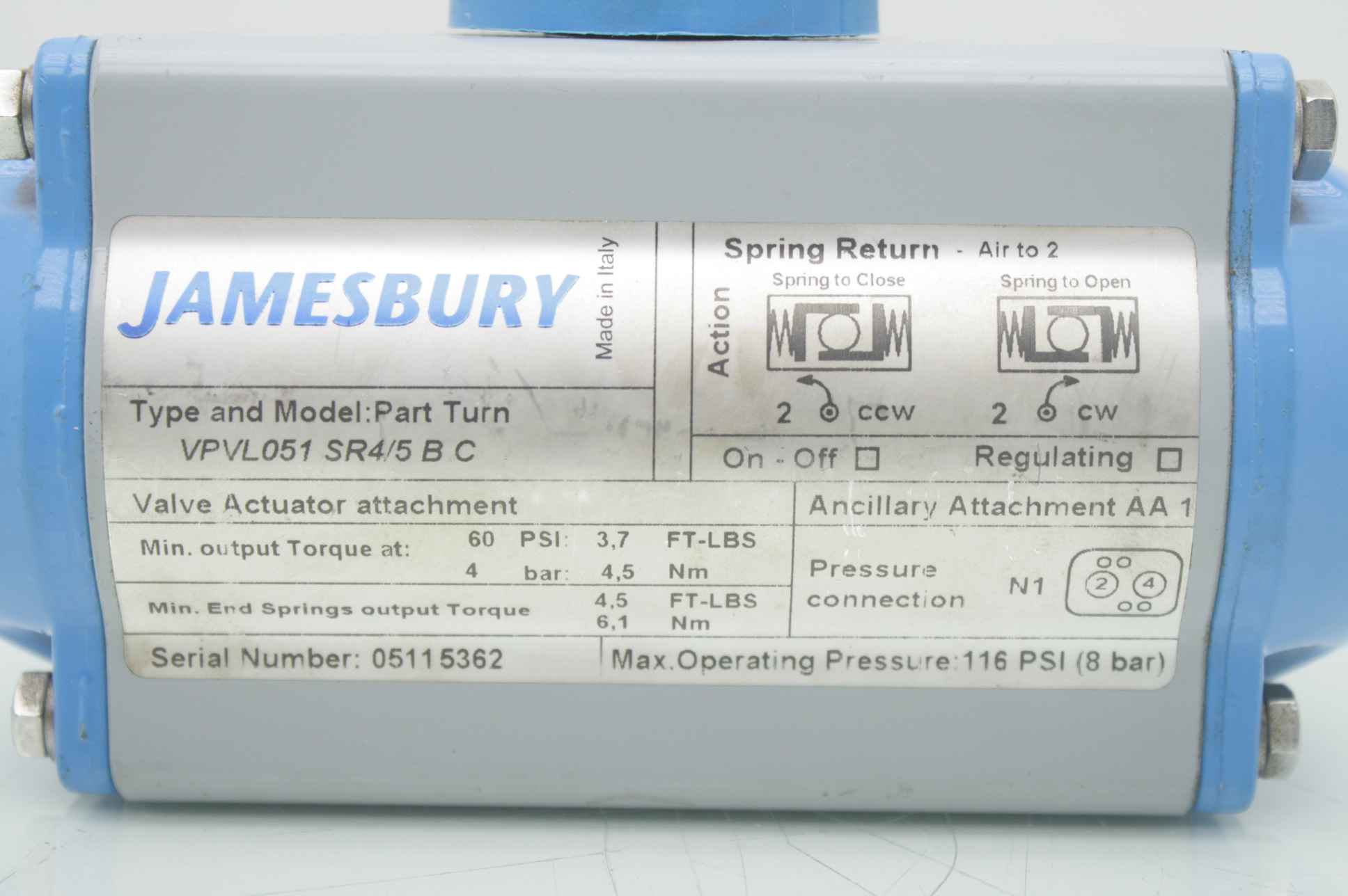 Jamesbury VPVL051 SR4/5 B C Part Turn Pneumatic Valve Actuator - Used - Image 16