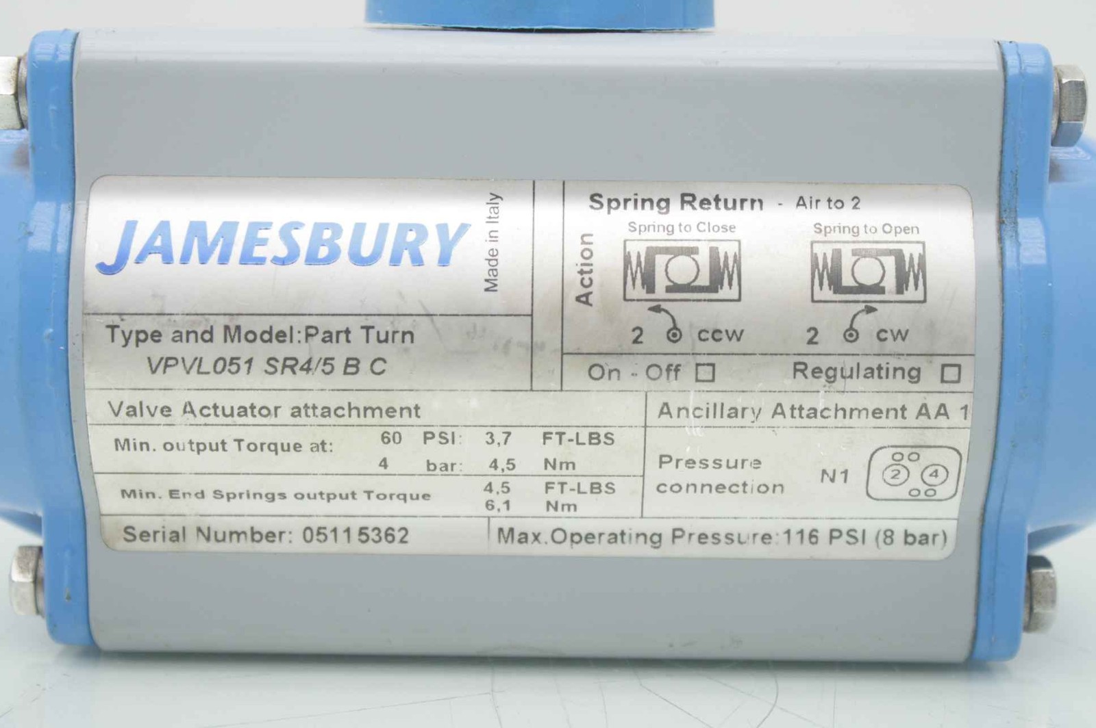 Jamesbury VPVL051 SR4/5 B C Part Turn Pneumatic Valve Actuator - Used - Image 7