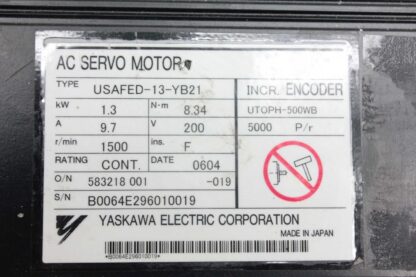 Yaskawa USAFED-13-YB21 AC Servo Motor / 1.2kW / UTMAH-500WB Encoder / 1500RPM - Used - Image 23