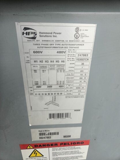 Hammond HPS Y030QTCN 30 kVA Outdoor Transformer Nema 3R / 480-600V to 208-400V - Used - Image 13