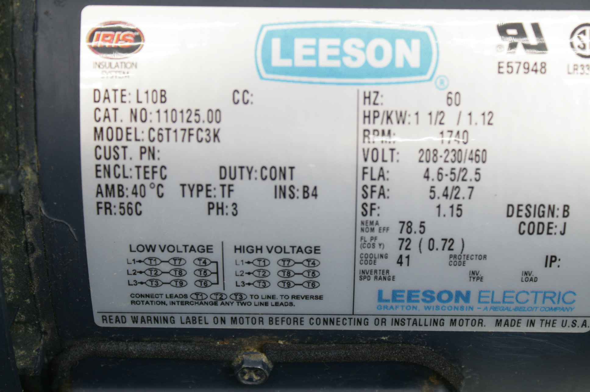 Leeson 1740 RPM 3PH Motor C6T17FC3K w/ IronMan Gear Reducer GR-BMQ815-5-0-56 - Used - Image 15