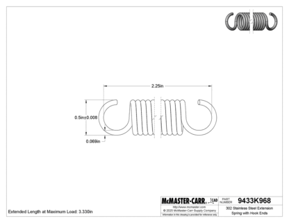 New McMaster 9433K968 302 Stainless Steel Extension Spring 2.25" x 0.500"  20 lb - New - Image 6