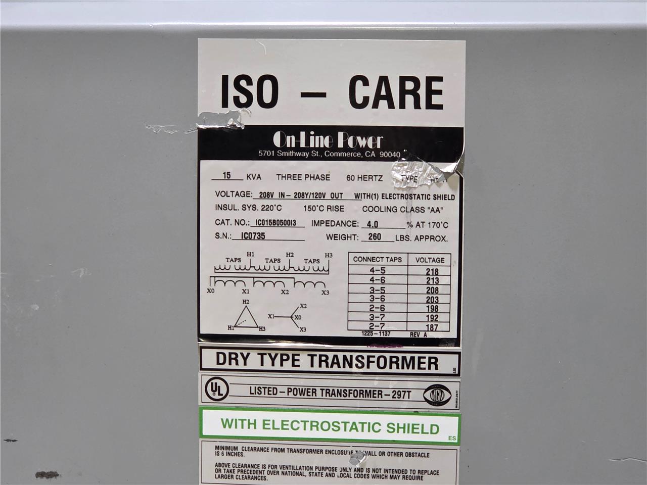 On-Line Power IC015B0500I3 Iso-Care 15KVA Dry Type Transformer 208V to 208Y/120V - Used - Image 19