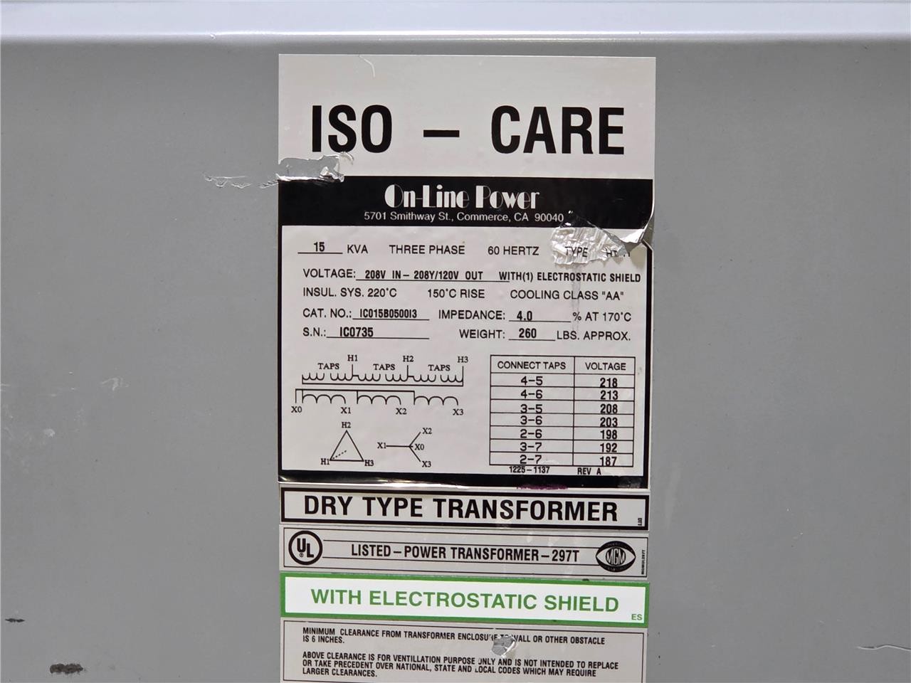 On-Line Power IC015B0500I3 Iso-Care 15KVA Dry Type Transformer 208V to 208Y/120V - Used - Image 4