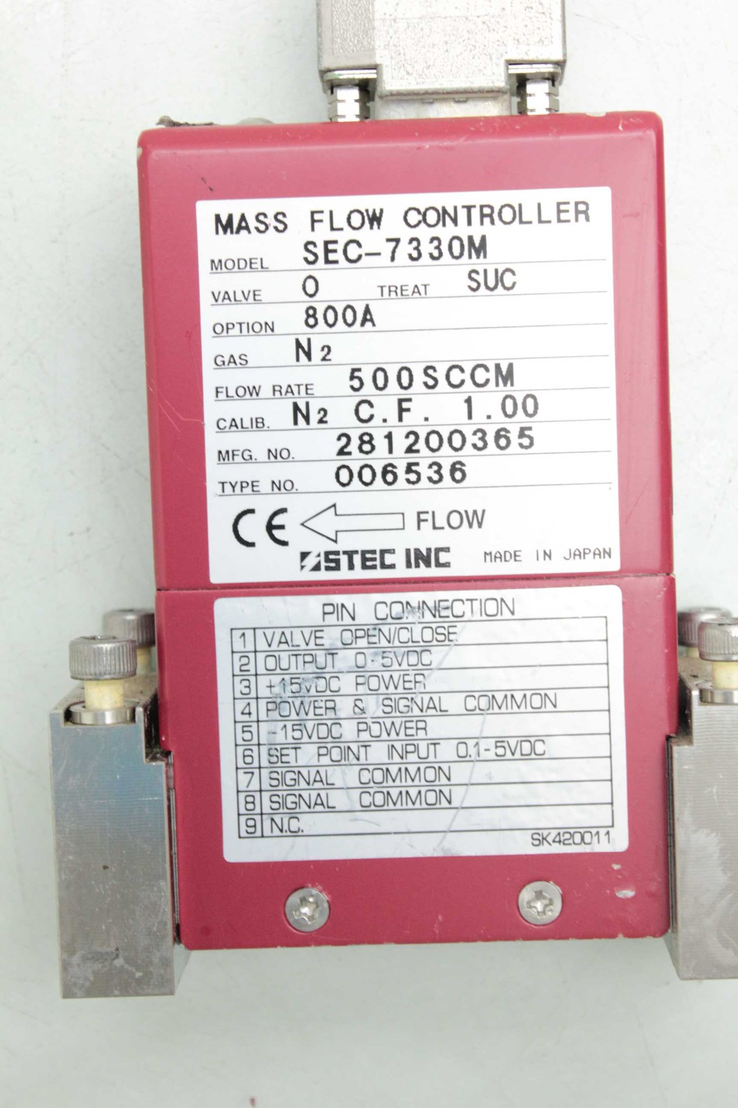 Stec SEF-7330 Mass Flow Controller / 500SCCM Flow Rate / for N2 Nitrogen - Used - Image 5
