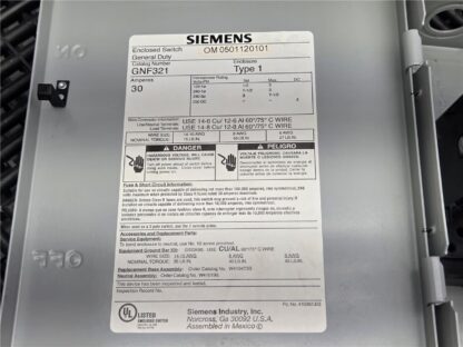 Siemens GNF321 General Duty Enclosed Safety Switch 240V AC / 250V DC Max, 30A - Used - Image 13