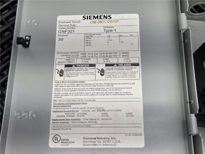 Siemens GNF321 General Duty Enclosed Safety Switch 240V AC / 250V DC Max, 30A - Used - Image 26