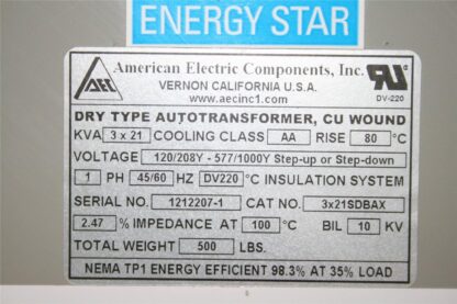 American Electric AEC Dry Transformer 3x21SDBAX, 3x 21kVA, 120/208Y - 577/1000Y - Used - Image 18
