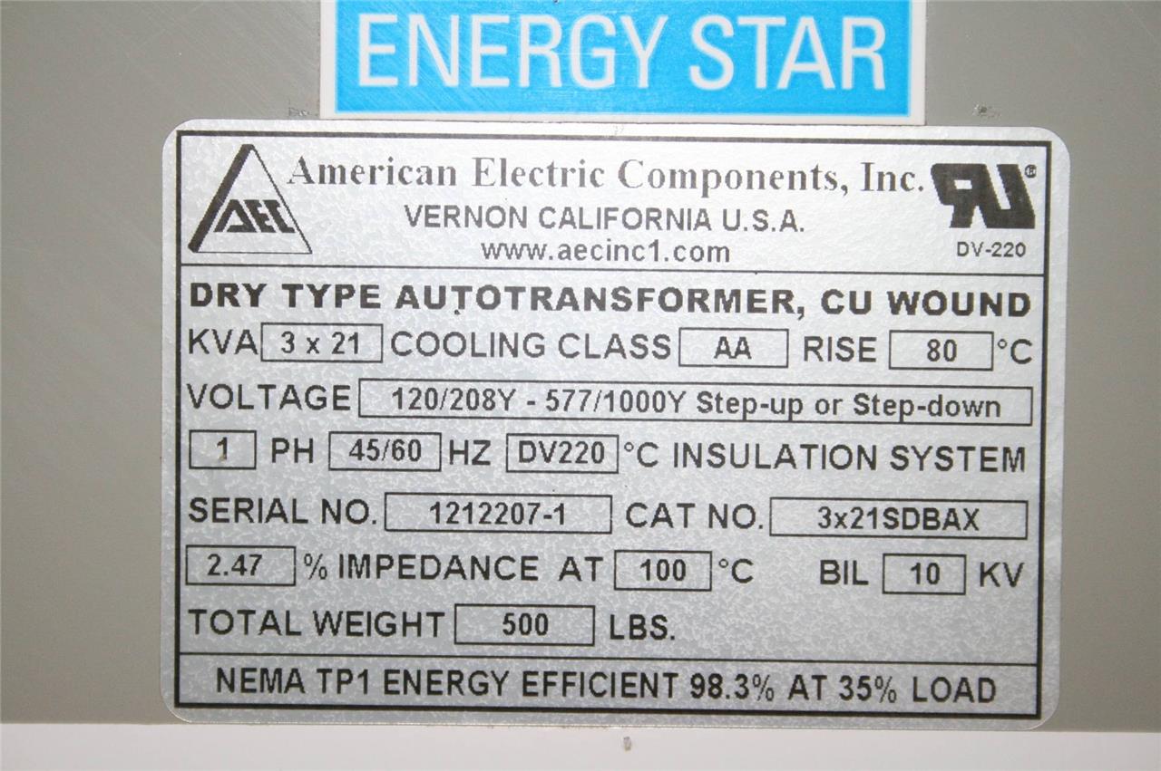 American Electric AEC Dry Transformer 3x21SDBAX, 3x 21kVA, 120/208Y - 577/1000Y - Used - Image 18