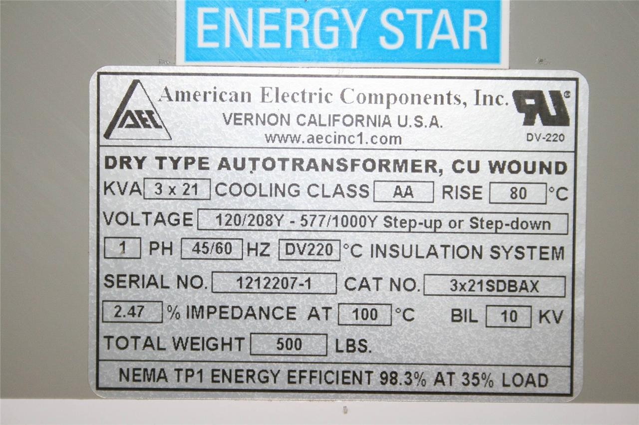 American Electric AEC Dry Transformer 3x21SDBAX, 3x 21kVA, 120/208Y - 577/1000Y - Used - Image 4