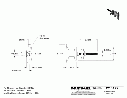 New McMaster 1210A72 T-Handle Keyed Cam Lock Adjustable Latching Distance CCW - New - Image 9