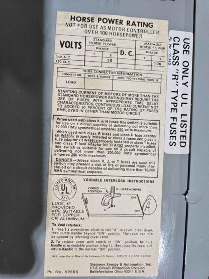 Siemens I-T-E Vacu-Break Switch VMS325B-R Break Switch 240VAC, 400A - Used - Image 22