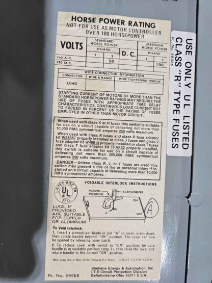 Siemens I-T-E Vacu-Break Switch VMS325B-R Break Switch 240VAC, 400A - Used - Image 10
