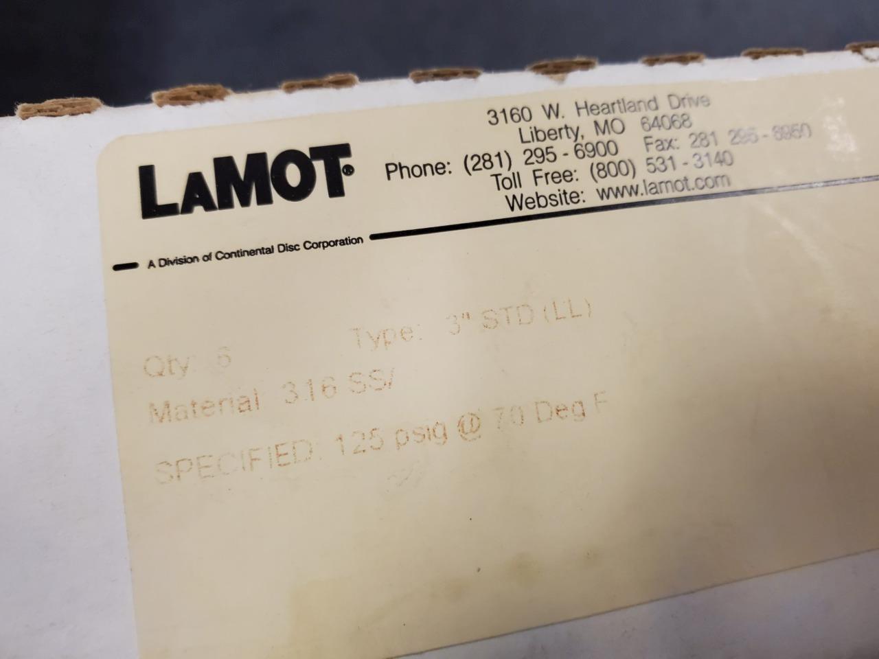 Lot of 6 New Lamot 316SS Rupture Discs 3" Std (LL) 125 PSIG - New - Image 3