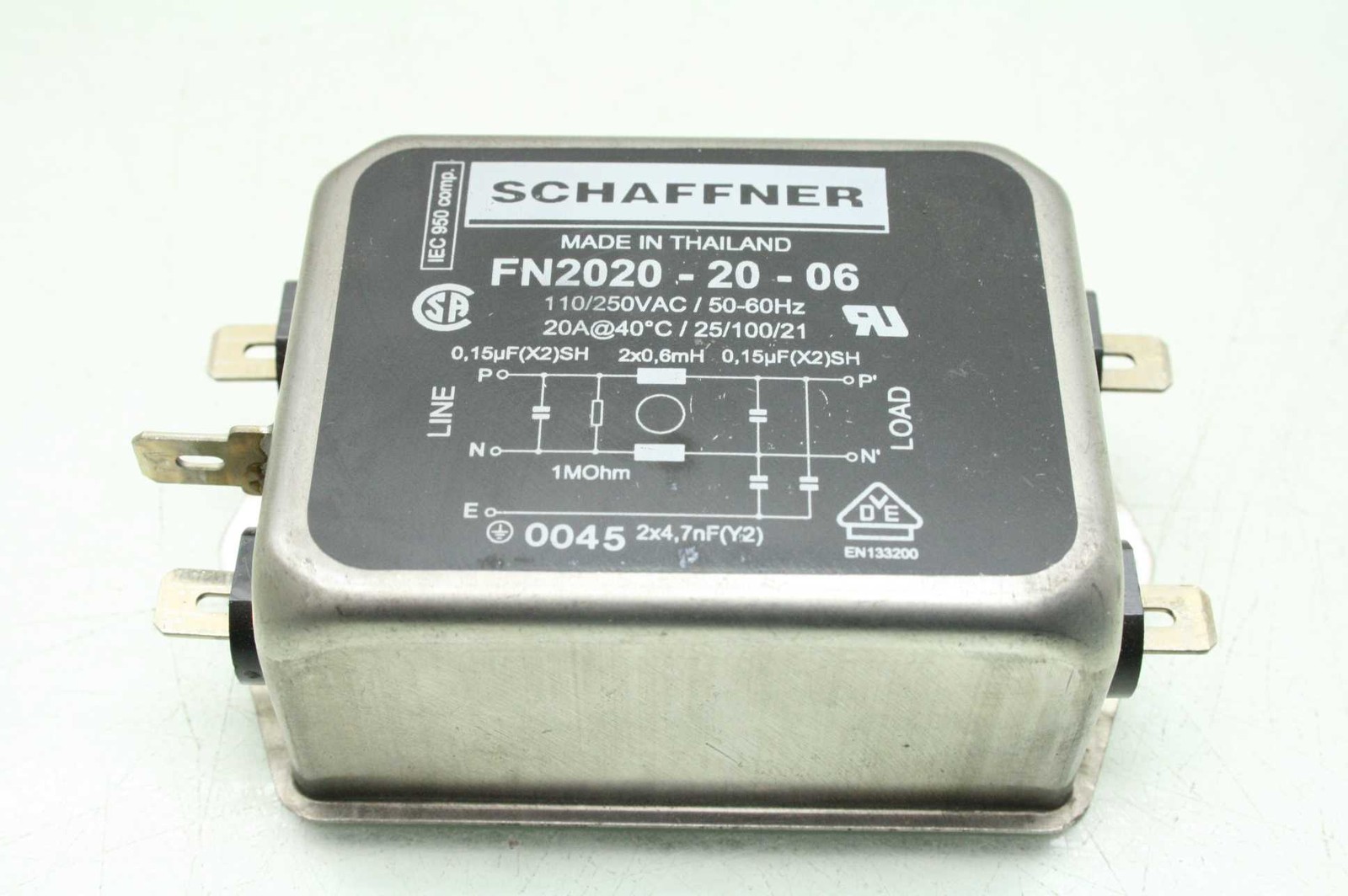 Schaffner FN2020-20-06 Power Line Filter, 110/250VAC / 50-60Hz, 20A - Used