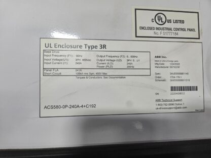 2022 ABB ACS580-0P-240A Enclosed VFD AC Drive 200 HP / 460V Three Phase - Used - Image 5