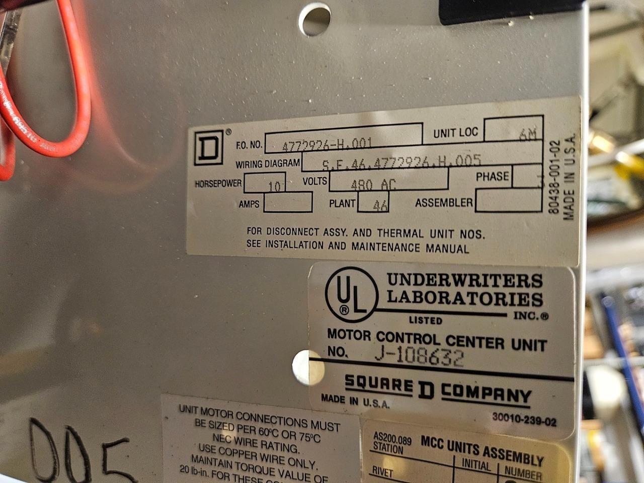 Square D Model 6 MCC FVNR 10 HP Motor Starter Bucket 12" Nema Size 1 8536-SC03 - Used - Image 7